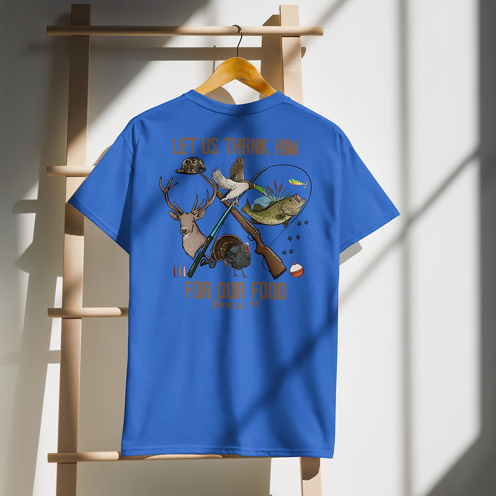 Thumbnail: Blue t-shirt with hunting and fishing design