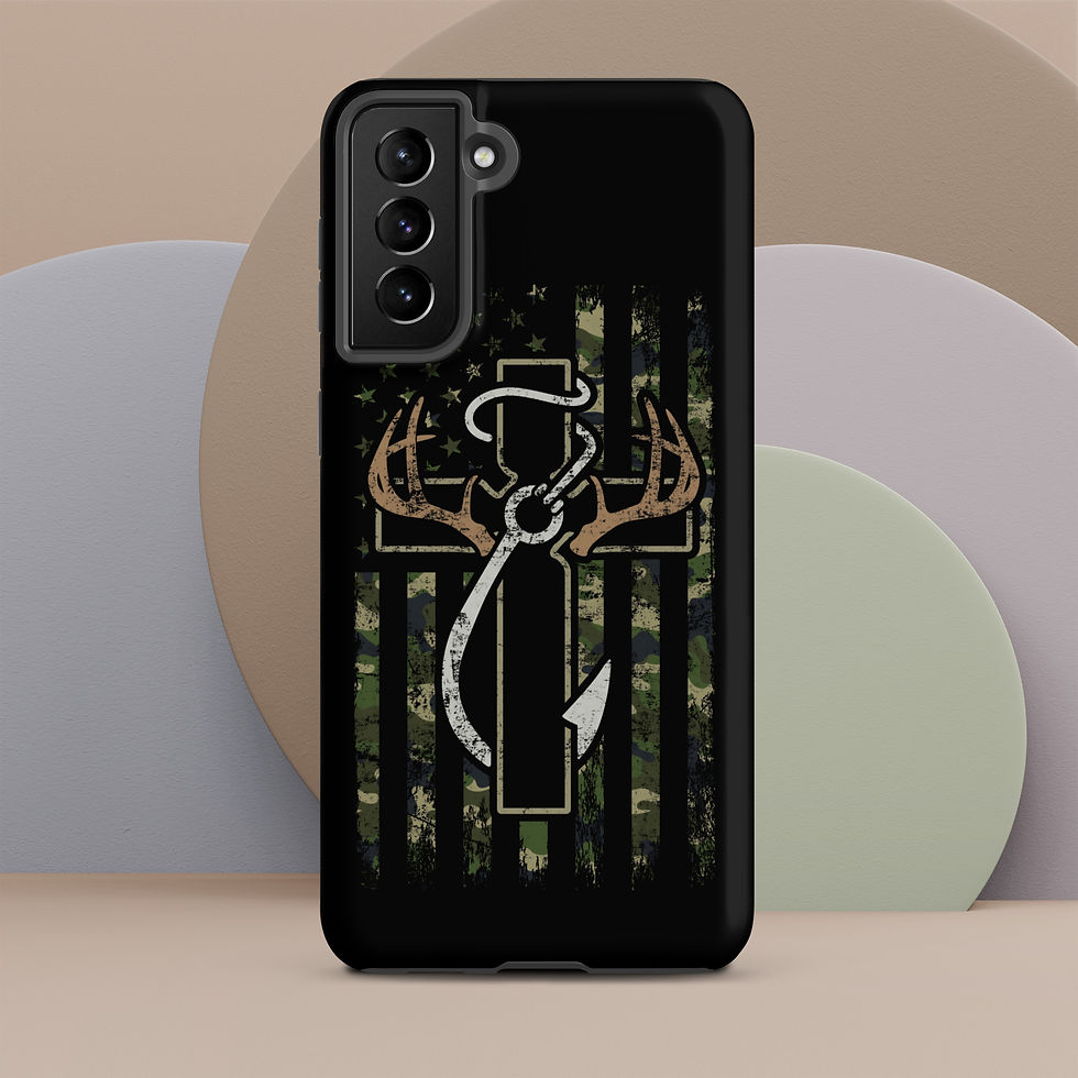 Thumbnail: Camouflage cross phone case with deer antlers and fishing hook