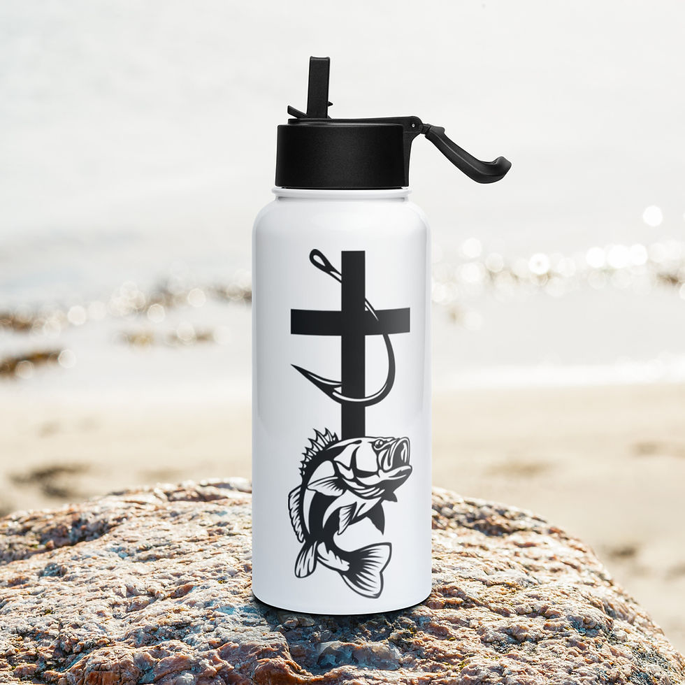 Water bottle with fish and cross design