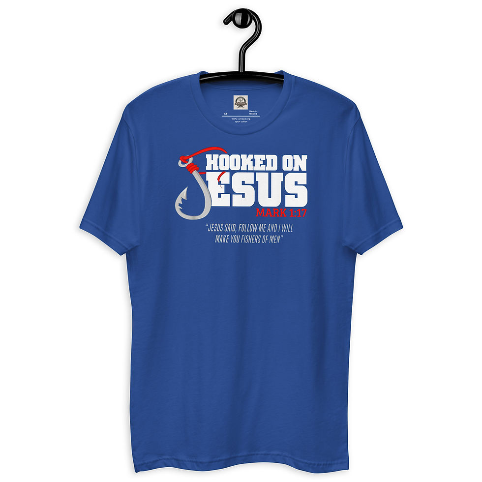 Thumbnail: Hooked on Jesus t-shirt:  John 1:43-44