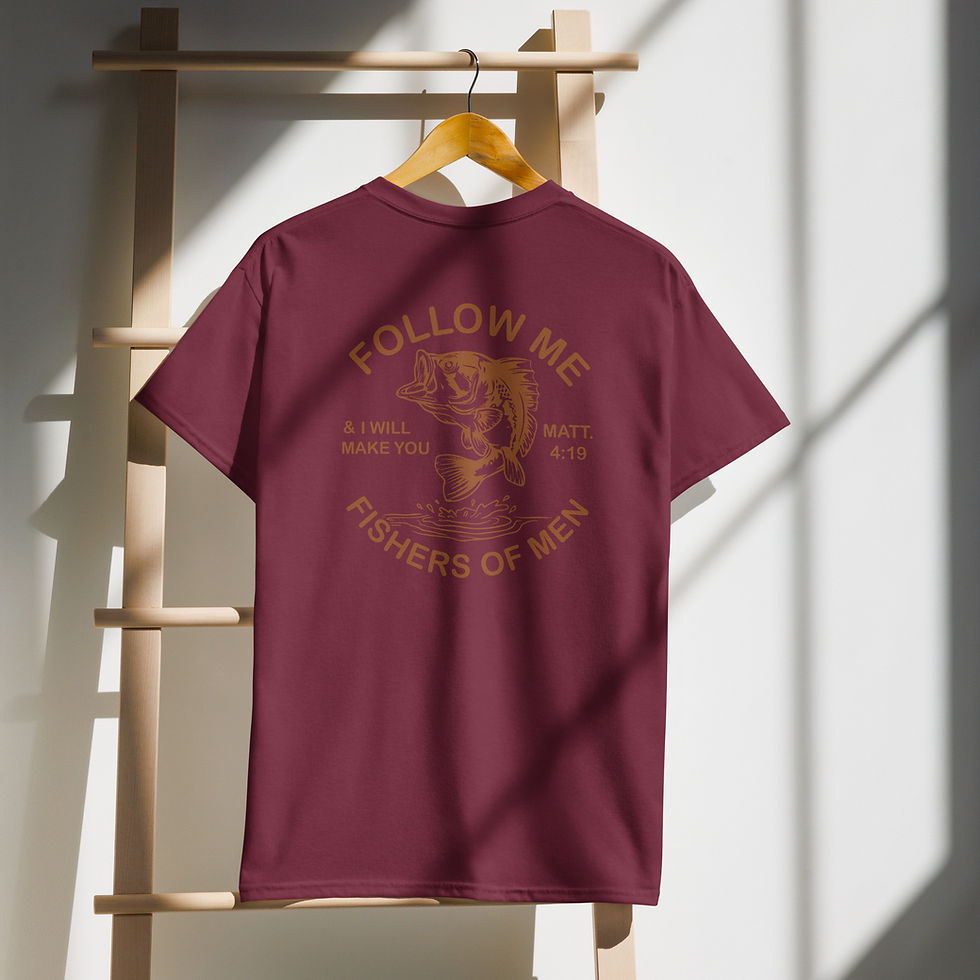 Thumbnail: Maroon shirt with "Follow Me, Fishers of Men" design
