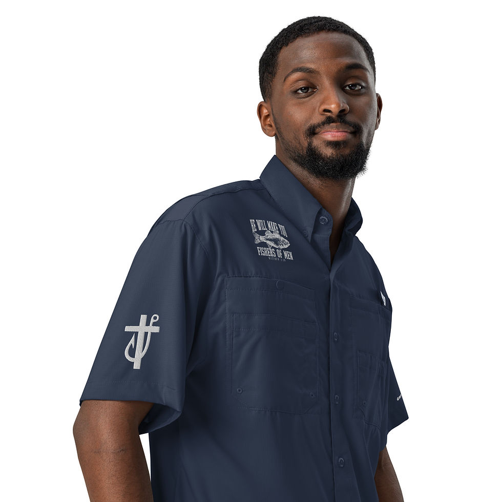 Thumbnail: Man in navy Covenant Huntsman shirt, Fishers of men (Matt. 4:19) detail