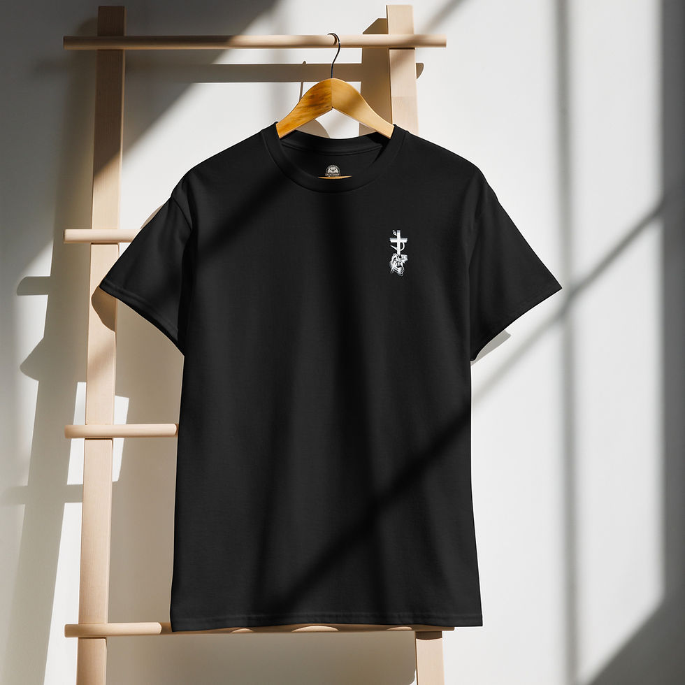 Thumbnail: Black short sleeve shirt hanging on wooden rack