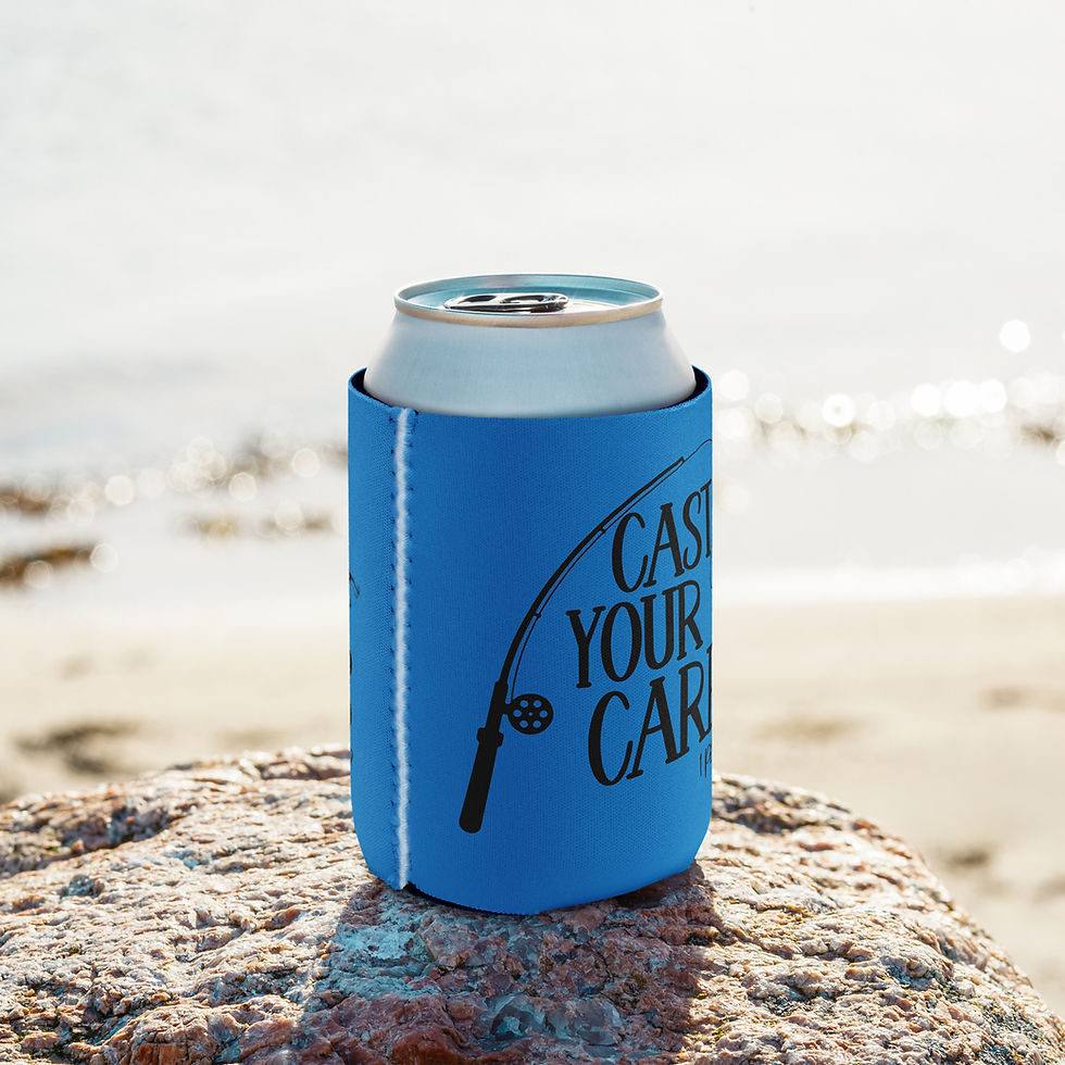 Blue can cooler with 'Cast Your Cares'