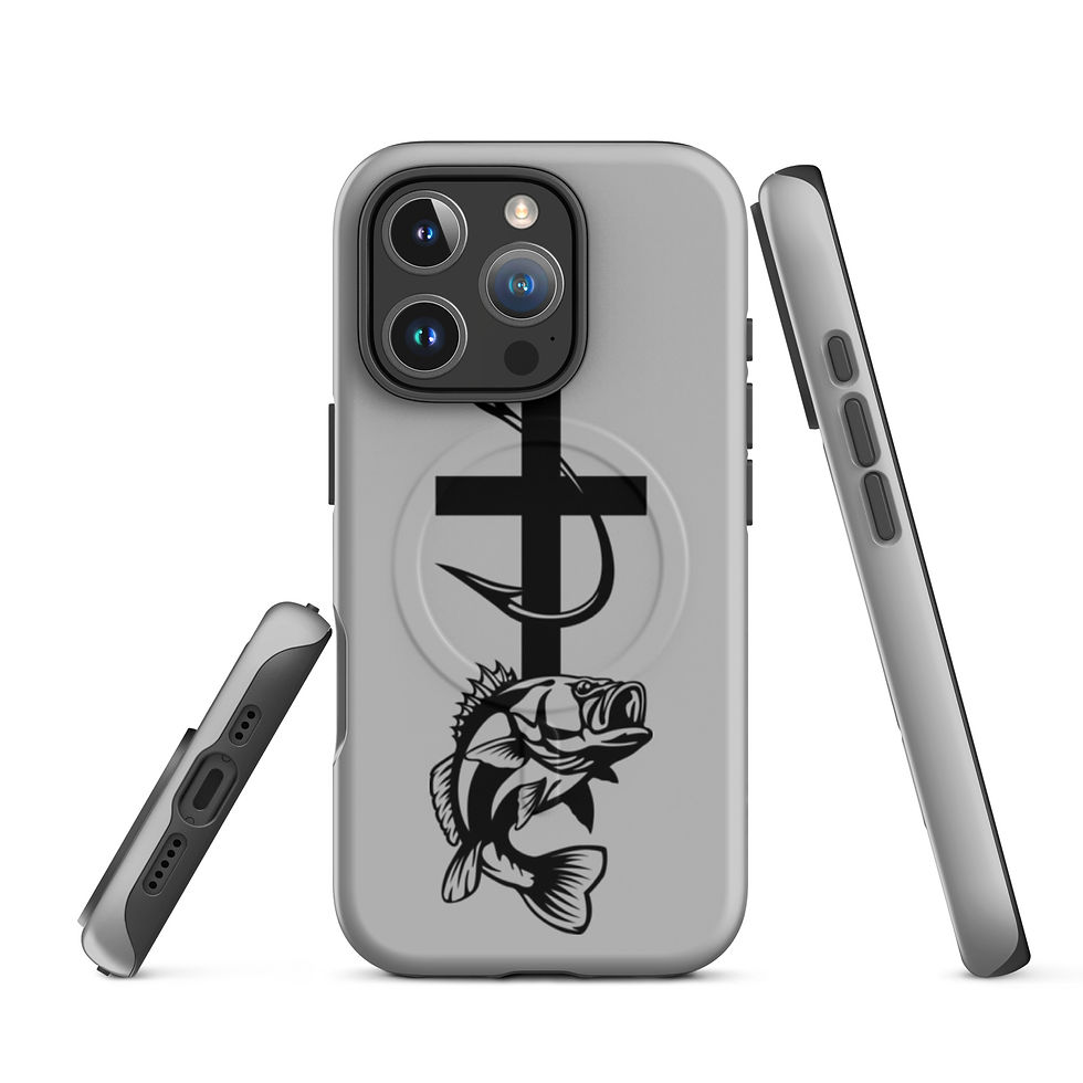 Thumbnail: Grey iPhone case with fish and cross design