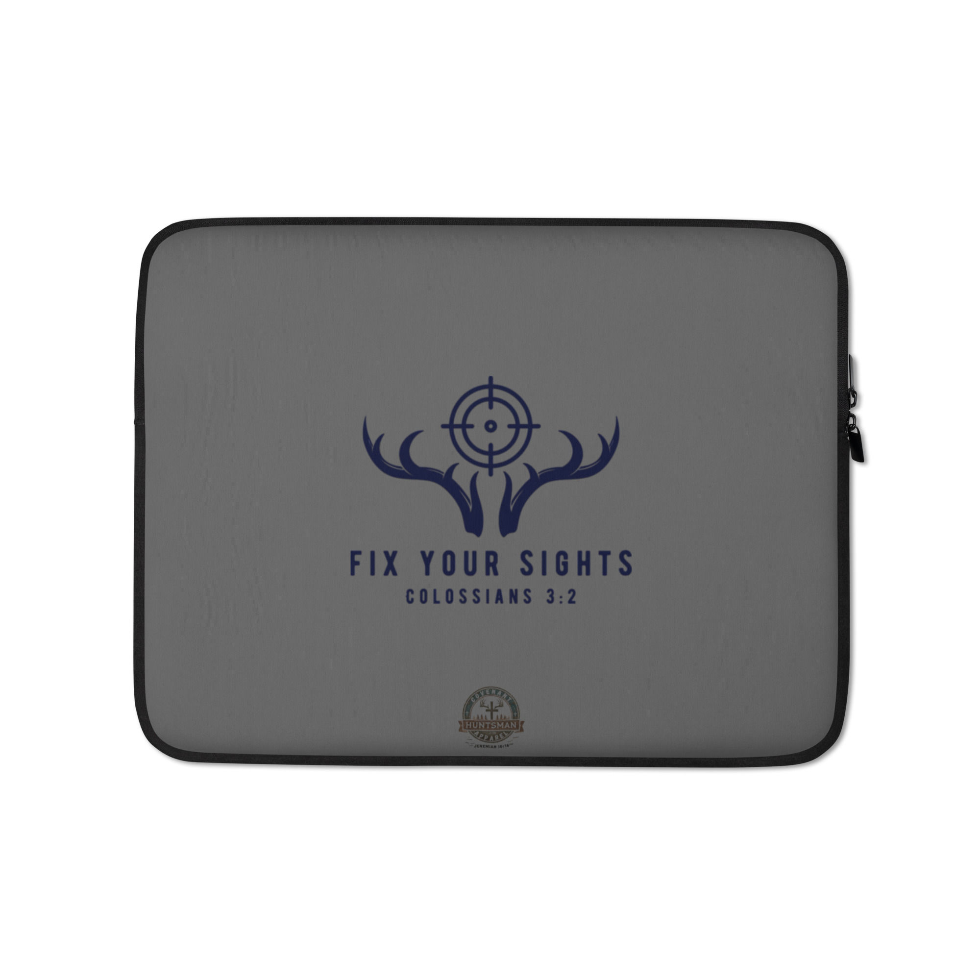 Gray laptop sleeve: Fix Your Sights, Covenant Huntsman Apparel