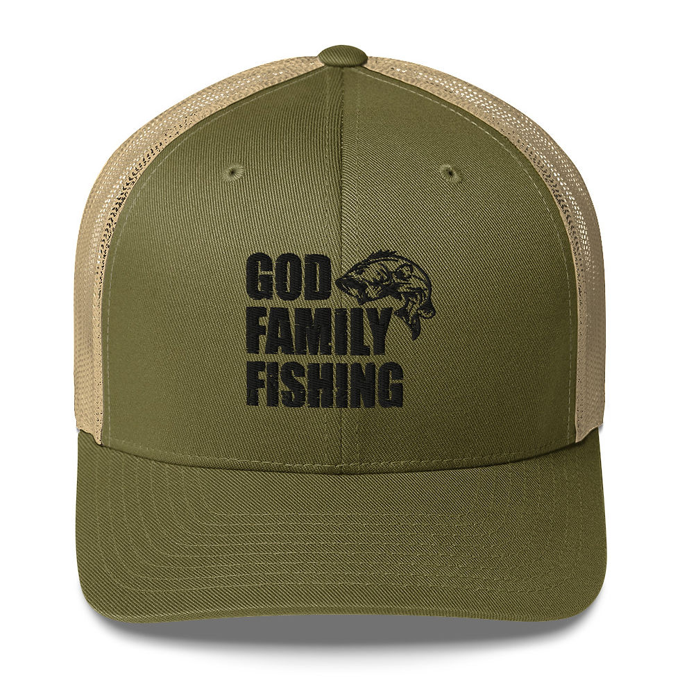 Thumbnail: Olive green trucker hat: God, Family, Fishing