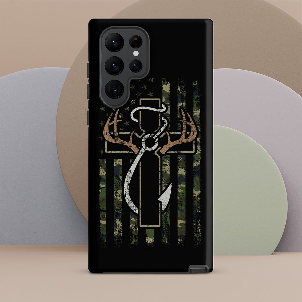 Thumbnail: Cross, antlers, hook on camo US flag phone case