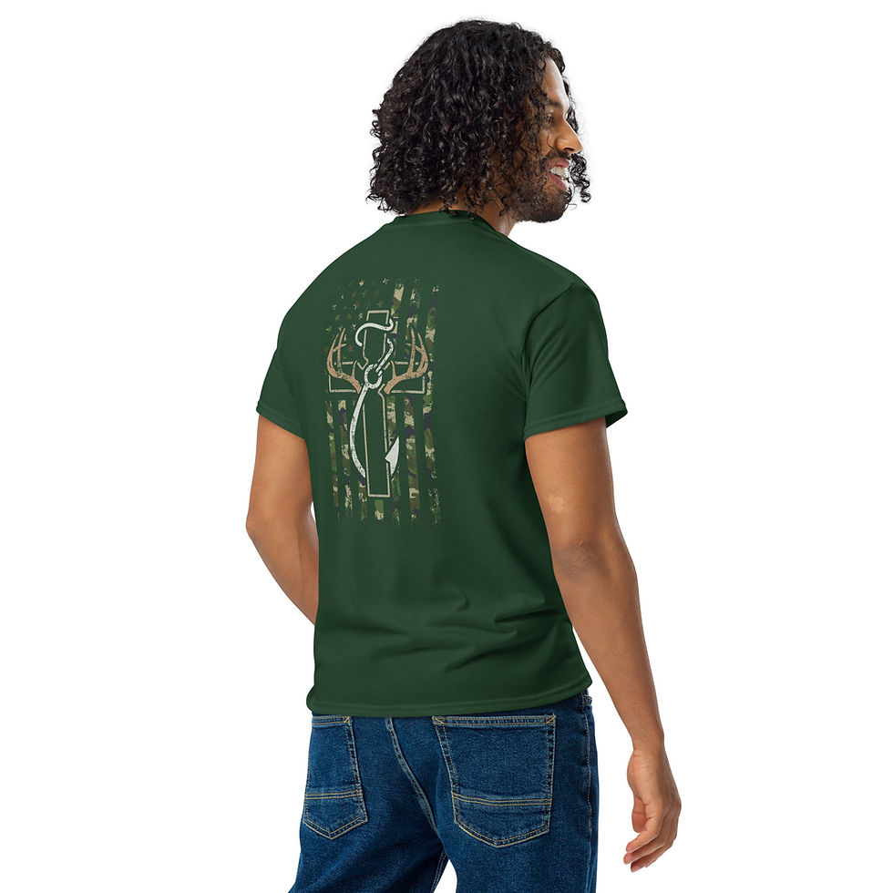 Thumbnail: Christian Hunting Fishing T-Shirt - Patriotic Flag Cross Antlers Hook Design