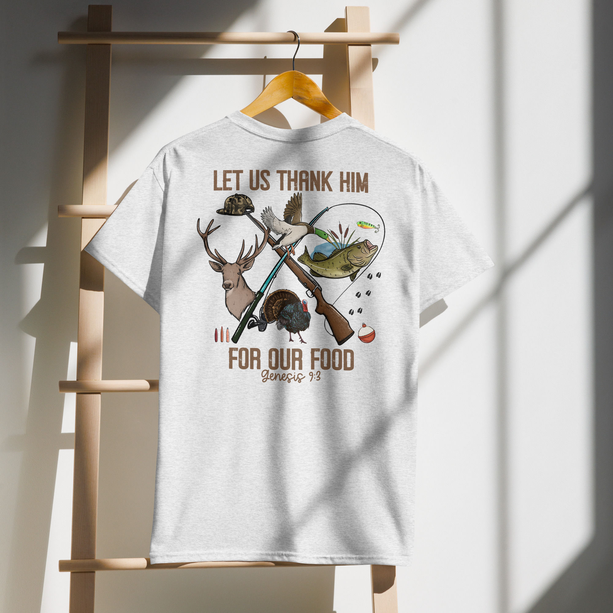 T-shirt with "Let us thank Him for our food" design