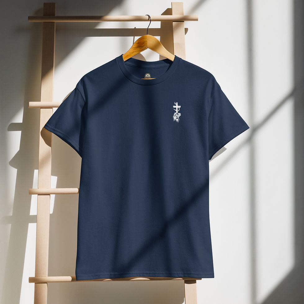 Thumbnail: Navy blue short sleeve shirt with small embroidered design