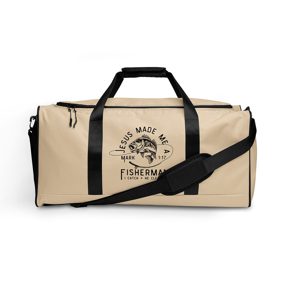 Beige duffel bag with "Jesus Made Me A Fisherman" print
