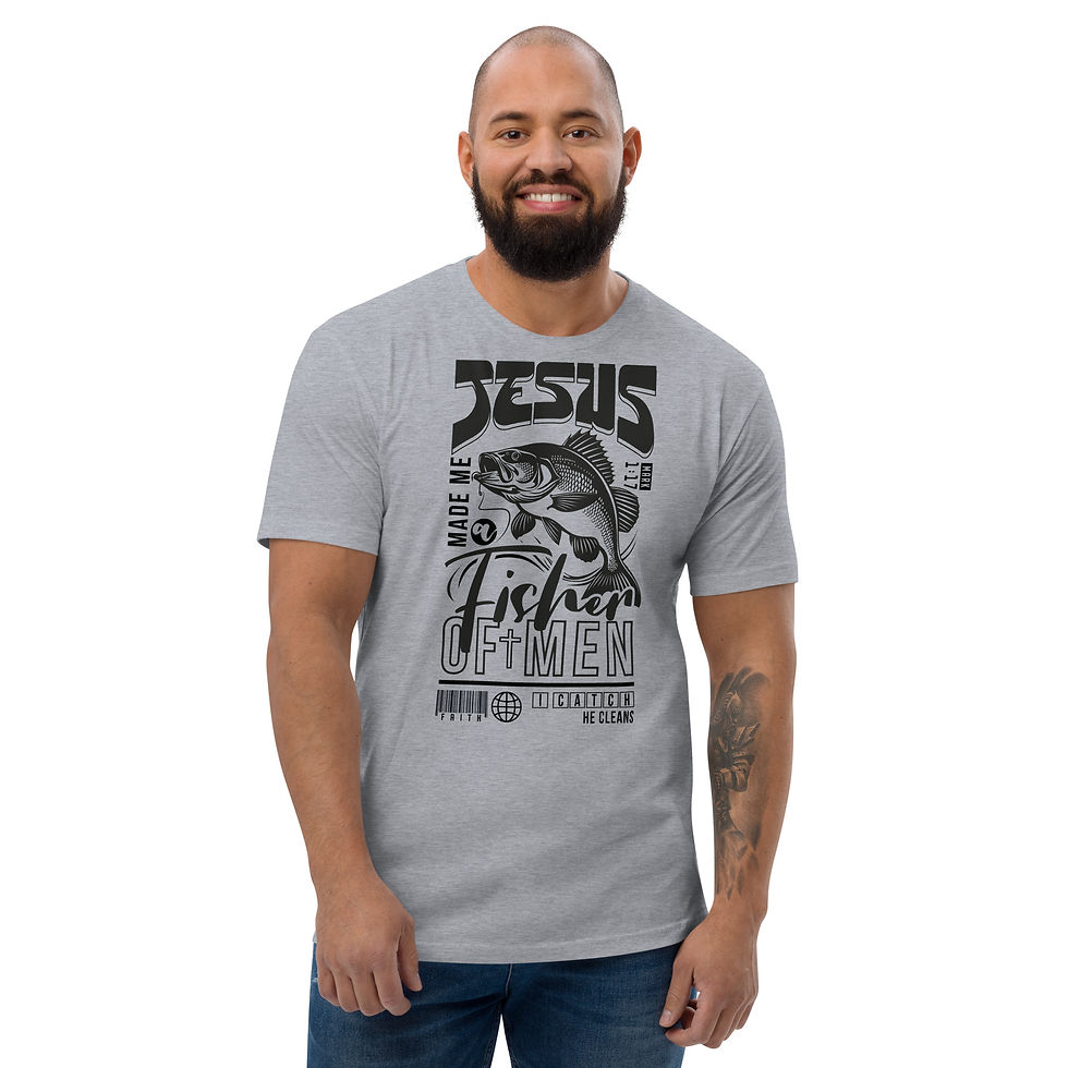 Thumbnail: Man wearing gray "Jesus Fishers of Men" T-shirt