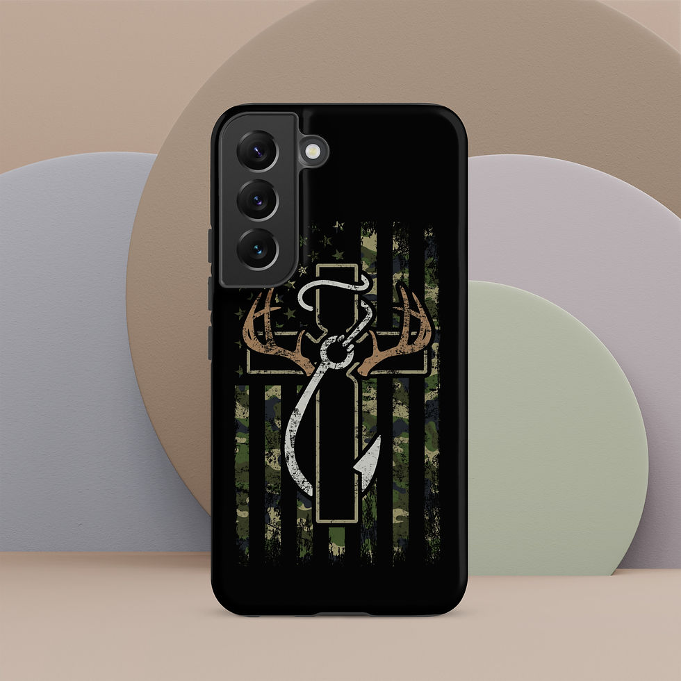 Thumbnail: Cross, camo flag, antlers, fish hook phone case