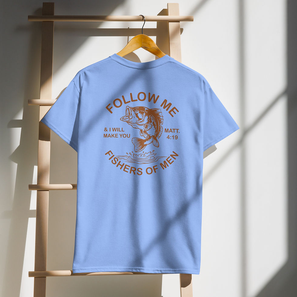 Thumbnail: Blue "Follow Me" t-shirt with fish and "Fishers of Men" print