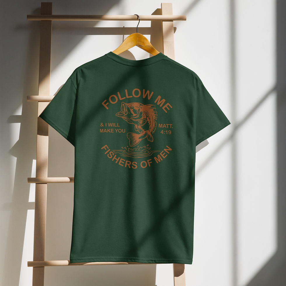 Thumbnail: Green shirt with "Follow Me Fishers of Men" print