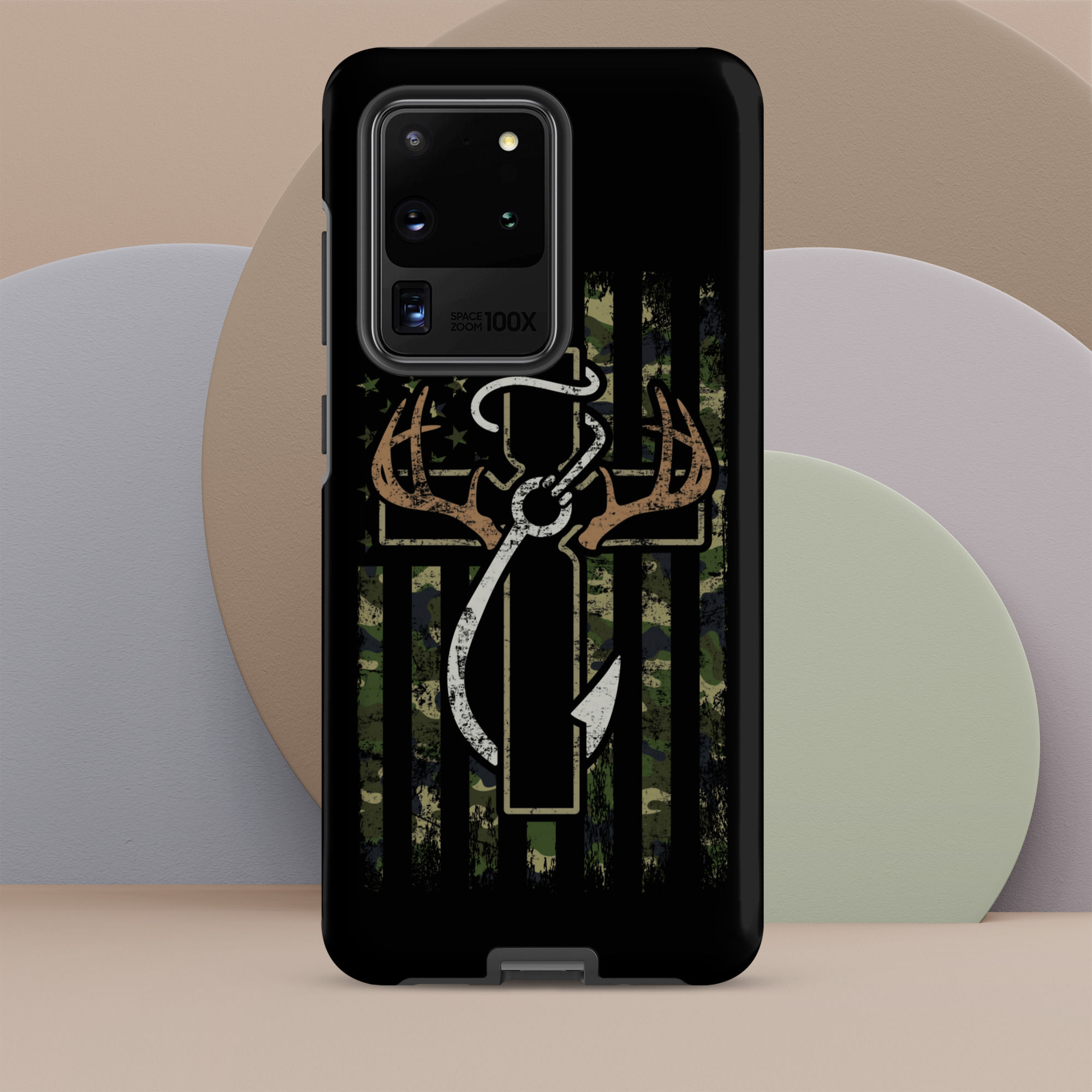 Camouflage cross phone case with deer antlers and fishing hook