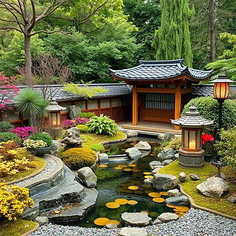 create Japanese garden that features water element and lanterns.jpg