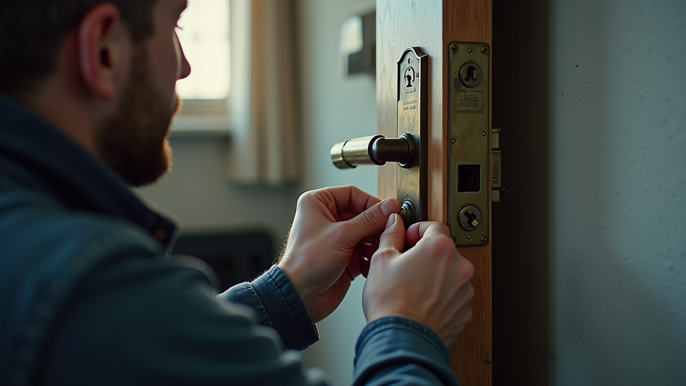 Eye-level view of a locksmith working on a door lock
