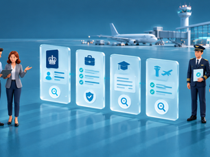 Recruiters reviewing a tablet beside digital background check panels and aviation employees.