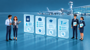 Recruiters reviewing a tablet beside digital background check panels and aviation employees.