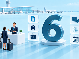 Large blue number six with recruitment process icons and miniature aviation candidates speaking to an adviser.