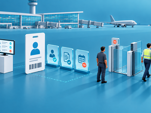 Airport pass records, approval checks and expiry controls linked to gates allowing or denying staff access.