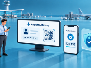AirportGateway login screen with a QR code, smartphone authenticator and security shield illustrating multi-factor authentication.