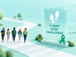 Miniature colleagues in green tops walking beside a seven-day step challenge sign and mental health awareness ribbon.