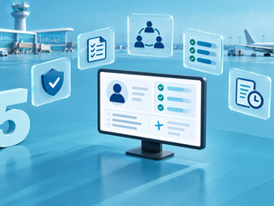 Aviation background checking dashboard surrounded by five icons for security, checklists, collaboration, progress and audit records.