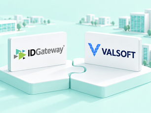 IDGateway and Valsoft logos on interlocking platforms, representing IDGateway joining Valsoft Corporation.