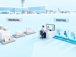 Side-by-side comparison of manual airport ID paperwork and a digital workflow with approvals and audit records.