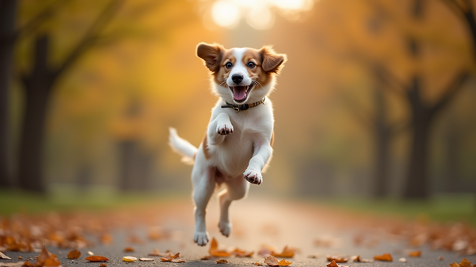 Eye-level view of a playful dog jumping in the air