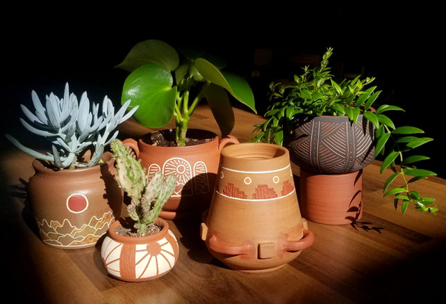 A collection of hunter's pots with various plants and cacti spilling out of them.