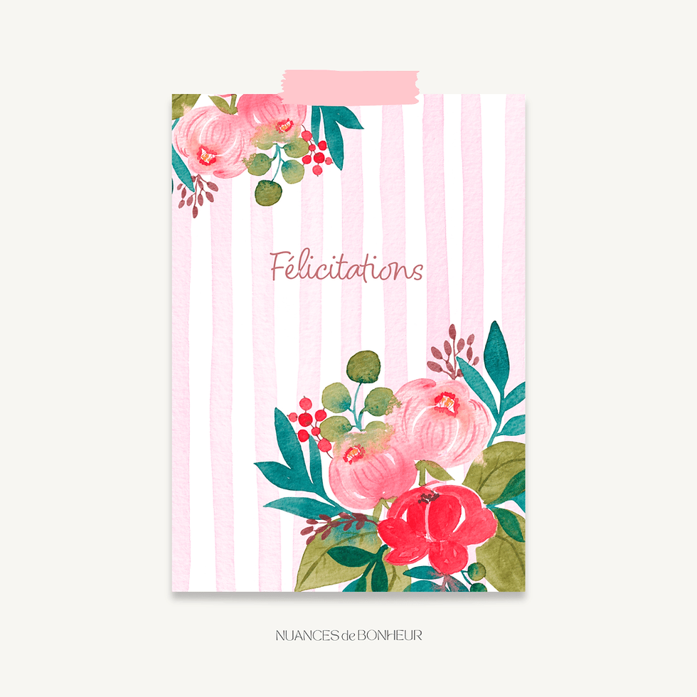 carte postale aquarelle félicitations fleurs et rayures roses
