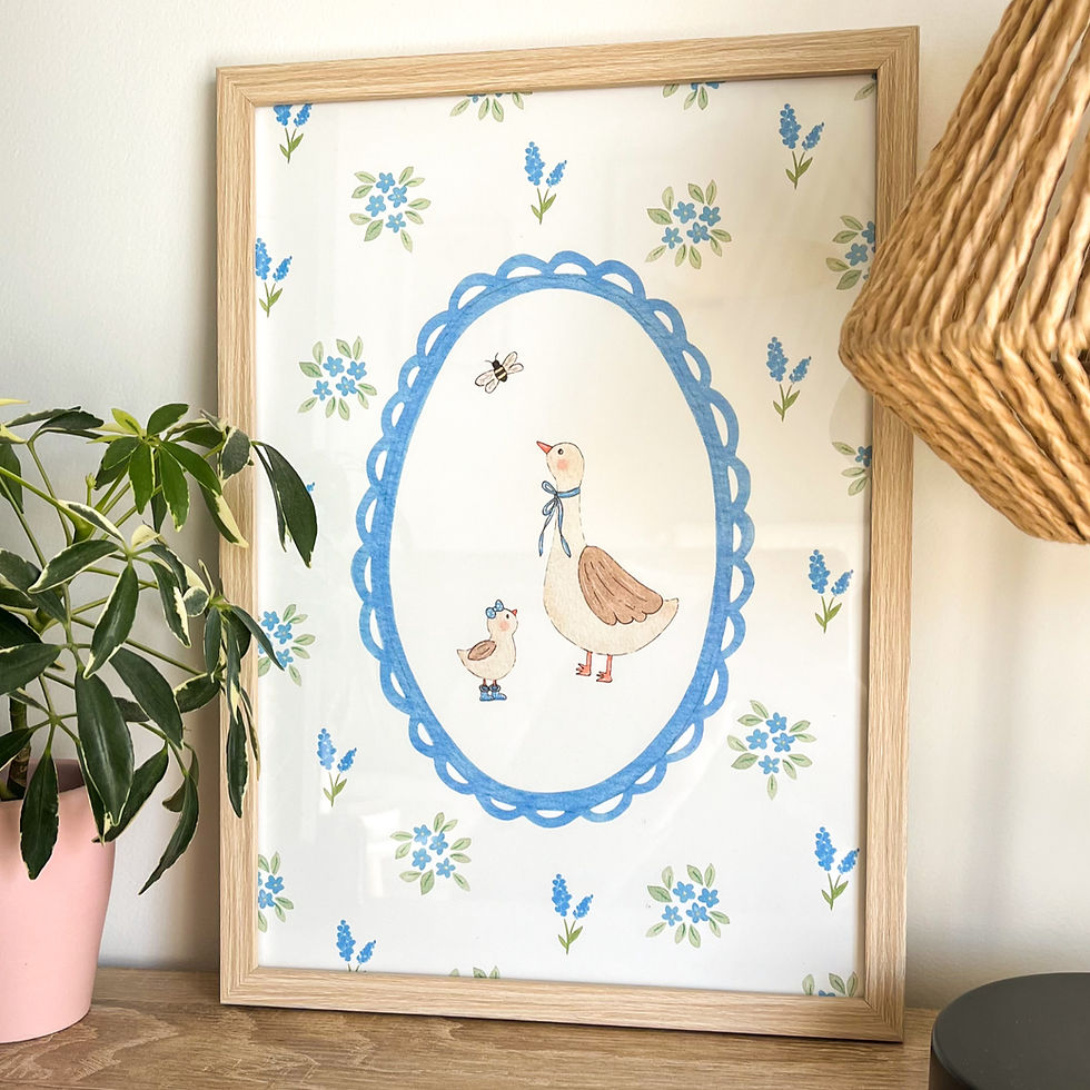 Miniature : affiche enfant les oies motif fleuri bleu aquarelle encadrée