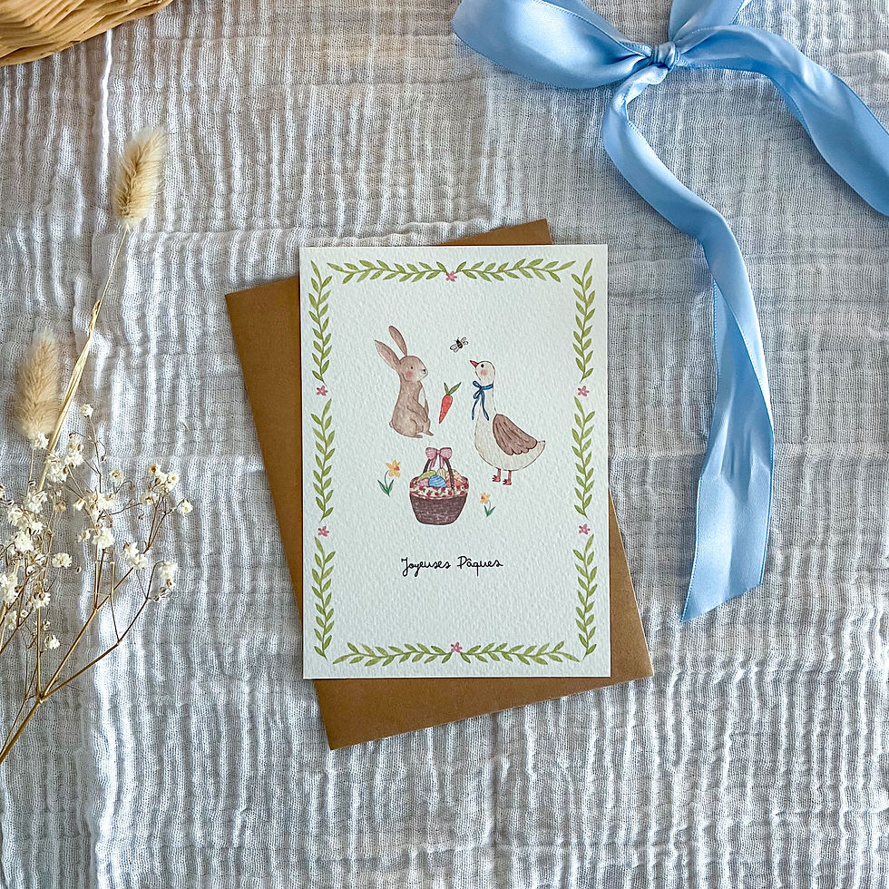 Miniature : carte postale aquarelle pâques illustrations lapin carottes oie jonquille panier et oeufs de pâques format A6