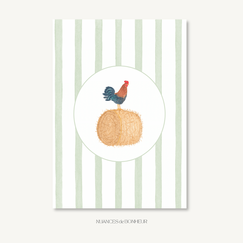 Affiche coq sur botte de foin illustration aquarelle