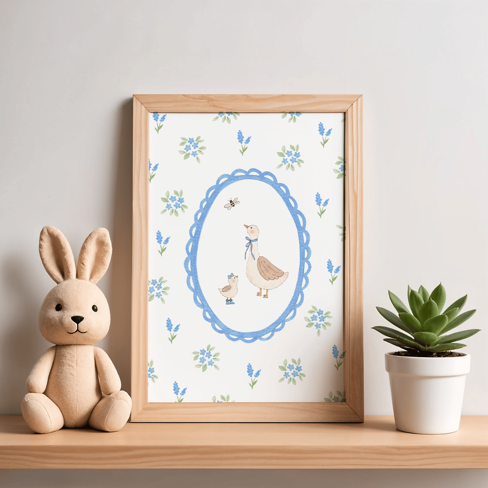 affiche enfant les oies motif fleuri bleu aquarelle chambre d'enfant