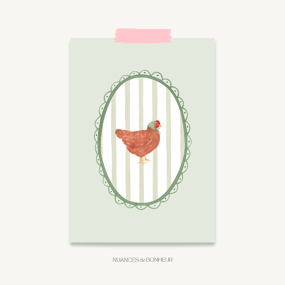 Carte postale aquarelle poule et médaillon vert