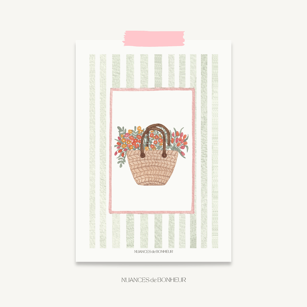Carte postale aquarelle panier fleuri et rayures vertes