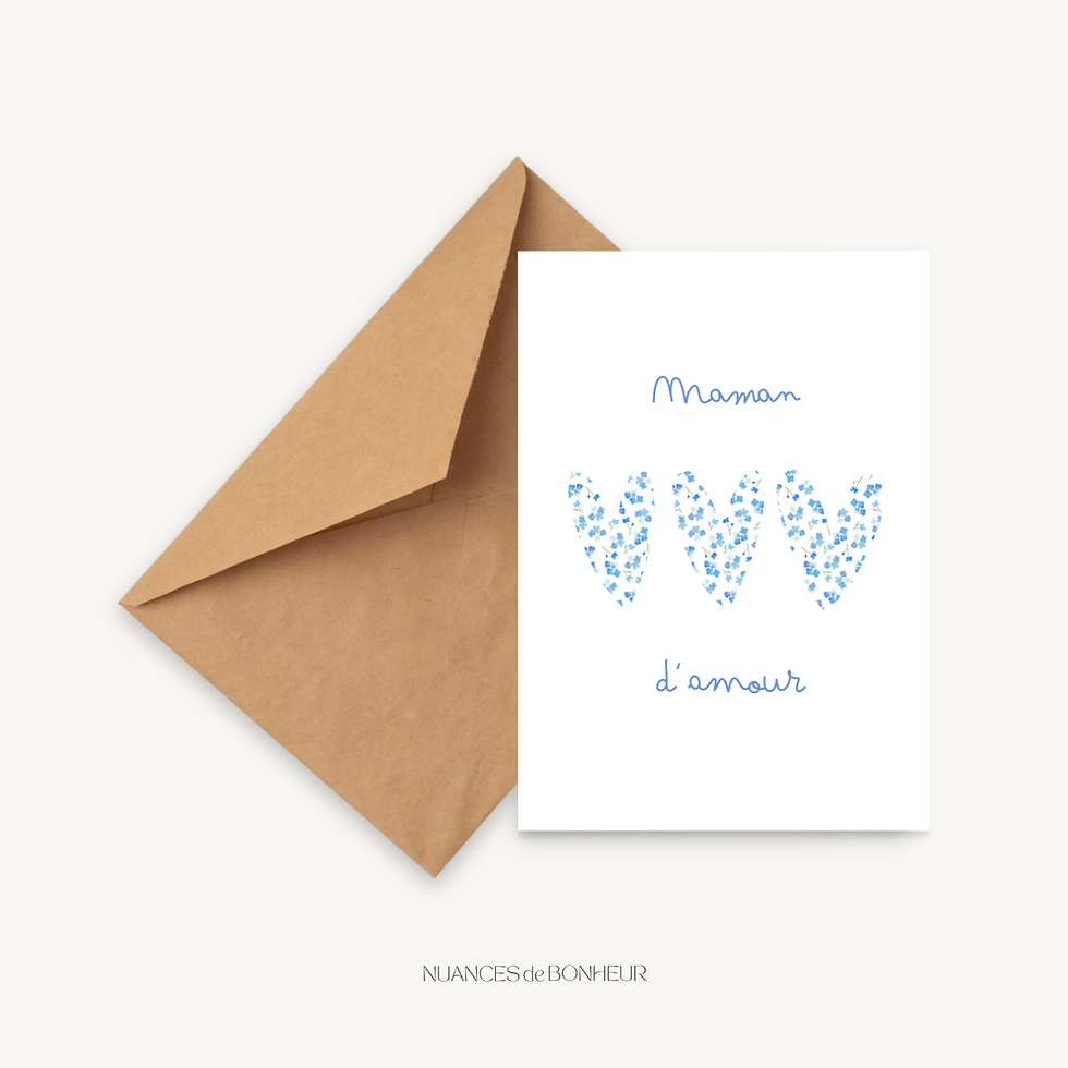 carte postale maman d'amour trio de coeur motif myosotis aquarelle avec enveloppe kraft