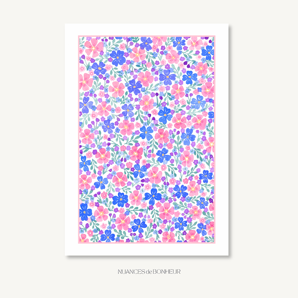 affiche motif fleuri aquarelle esprit liberty bleu et rose