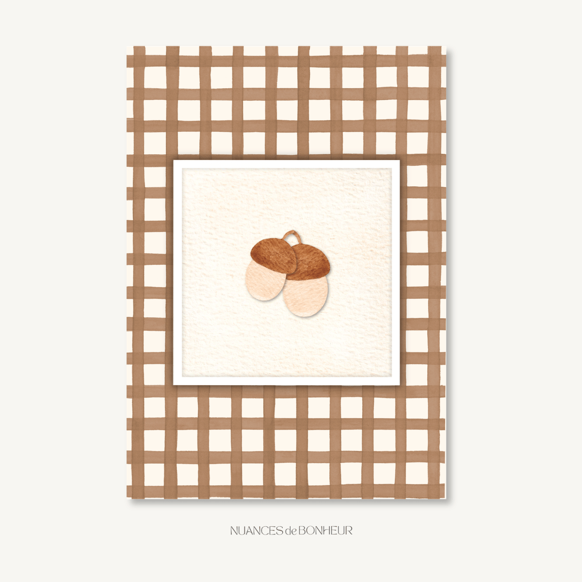 Affiche aquarelle duo de glands et vichy marron