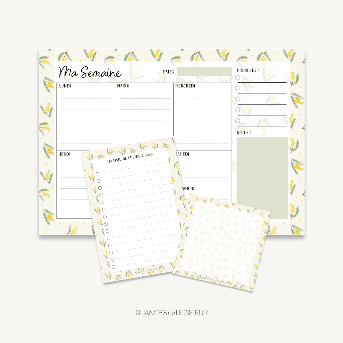 Set de papeterie aquarelle motif mimosa 3 blocs notes