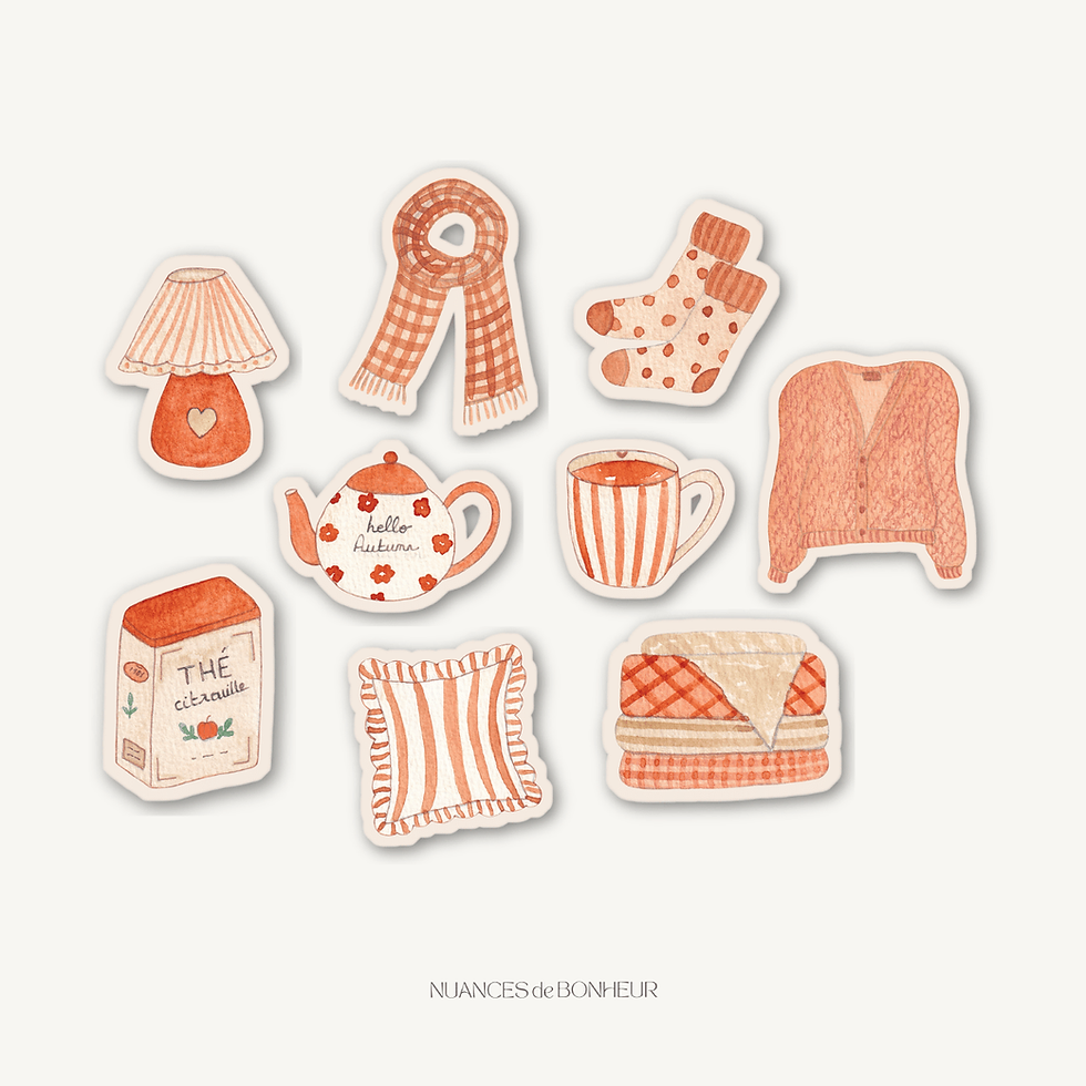 lot de 9 stickers illustration aquarelle automne