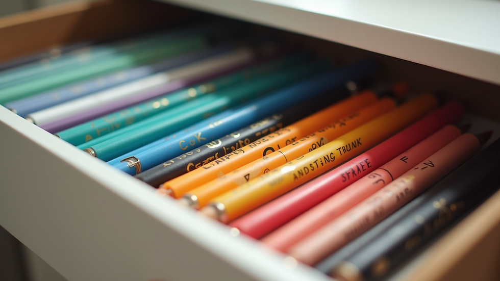 Close-up view of a neatly organized stationery drawer with colorful notebooks and pens