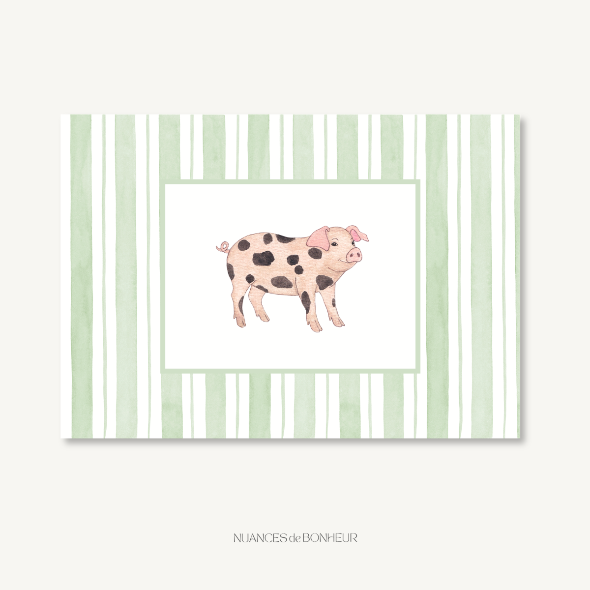 affiche aquarelle cochon et rayures vertes