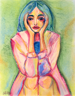 Abstract, colorful drawing of a woman sitting with her hands on her face.