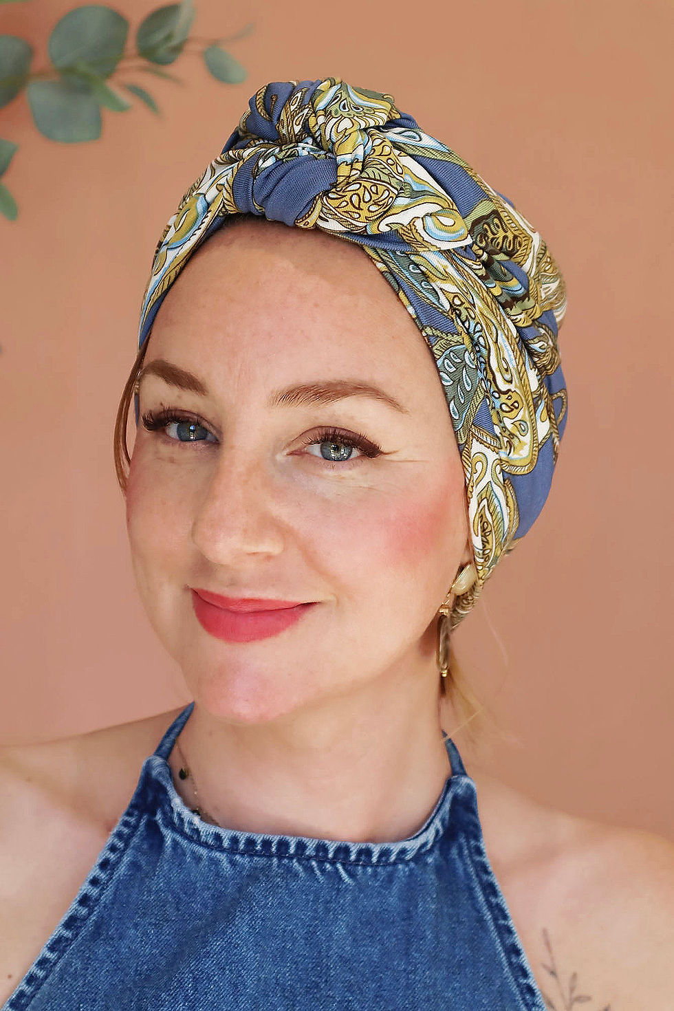 turban bonnet pré noué indra bleu chimiothérapie motif cachemire femme alopécie facile à enfiler